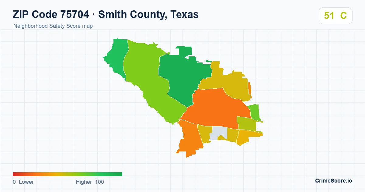 ZIP Code 75704 in Smith County, Texas neighborhood Safety Score map