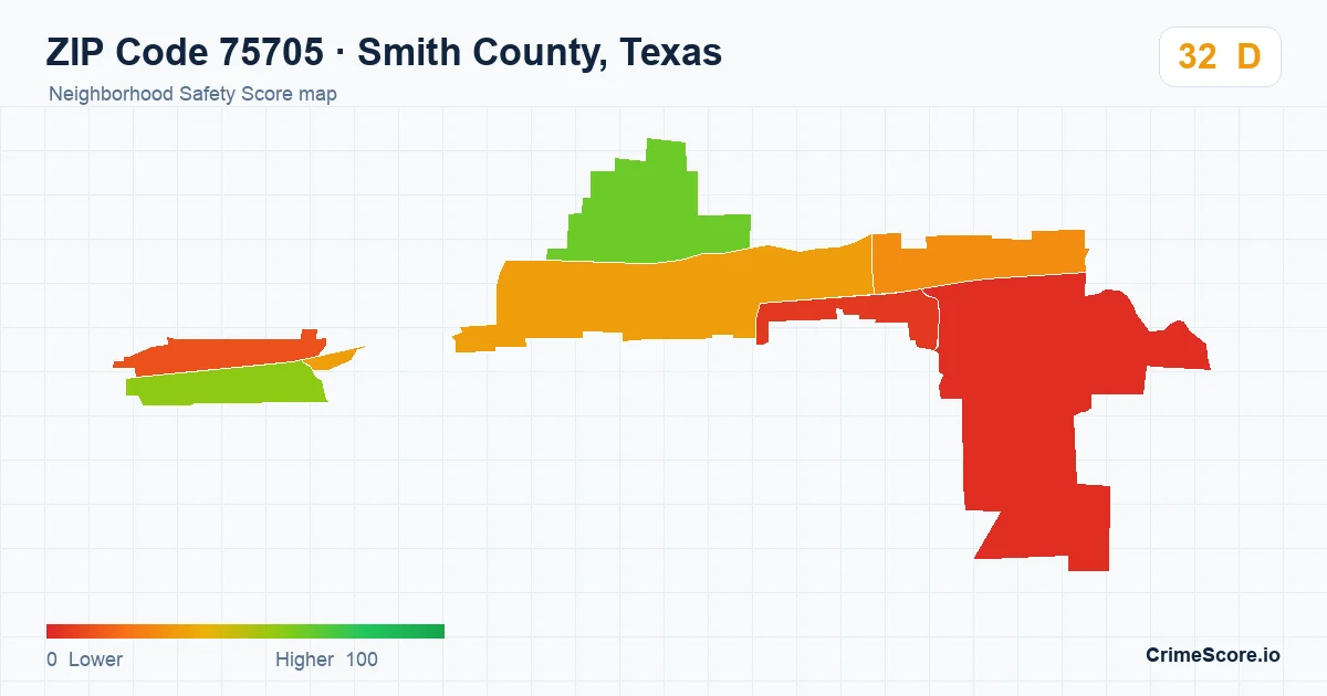 ZIP Code 75705 in Smith County, Texas neighborhood Safety Score map