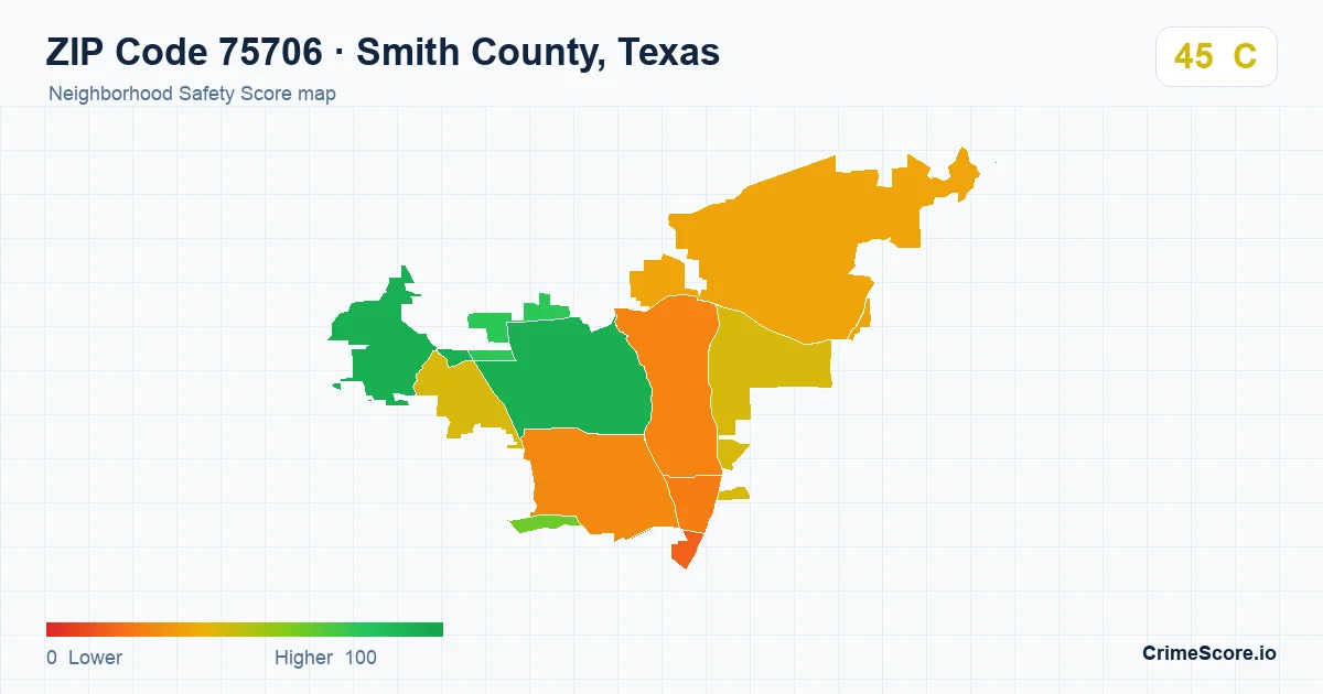 ZIP Code 75706 in Smith County, Texas neighborhood Safety Score map