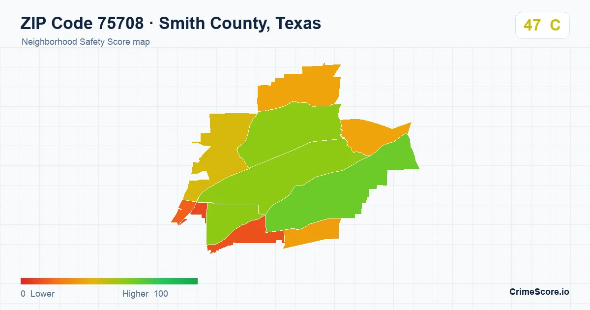 ZIP Code 75708 in Smith County, Texas neighborhood Safety Score map