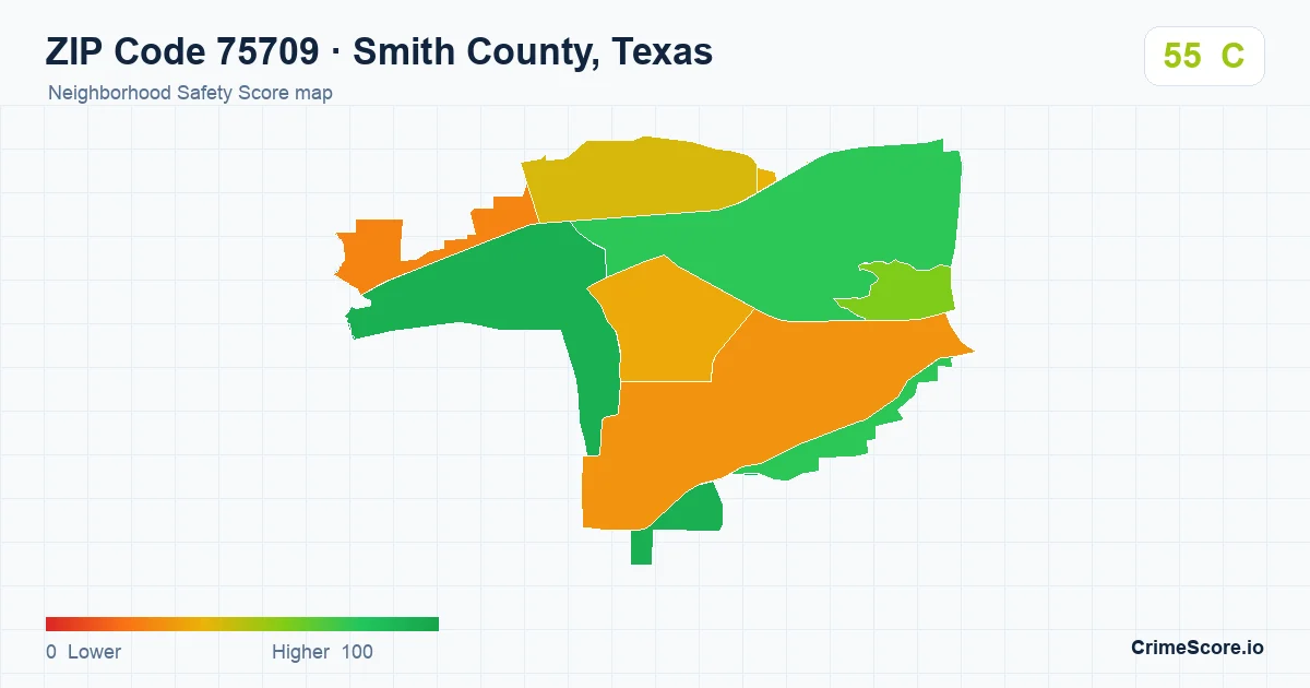 ZIP Code 75709 in Smith County, Texas neighborhood Safety Score map