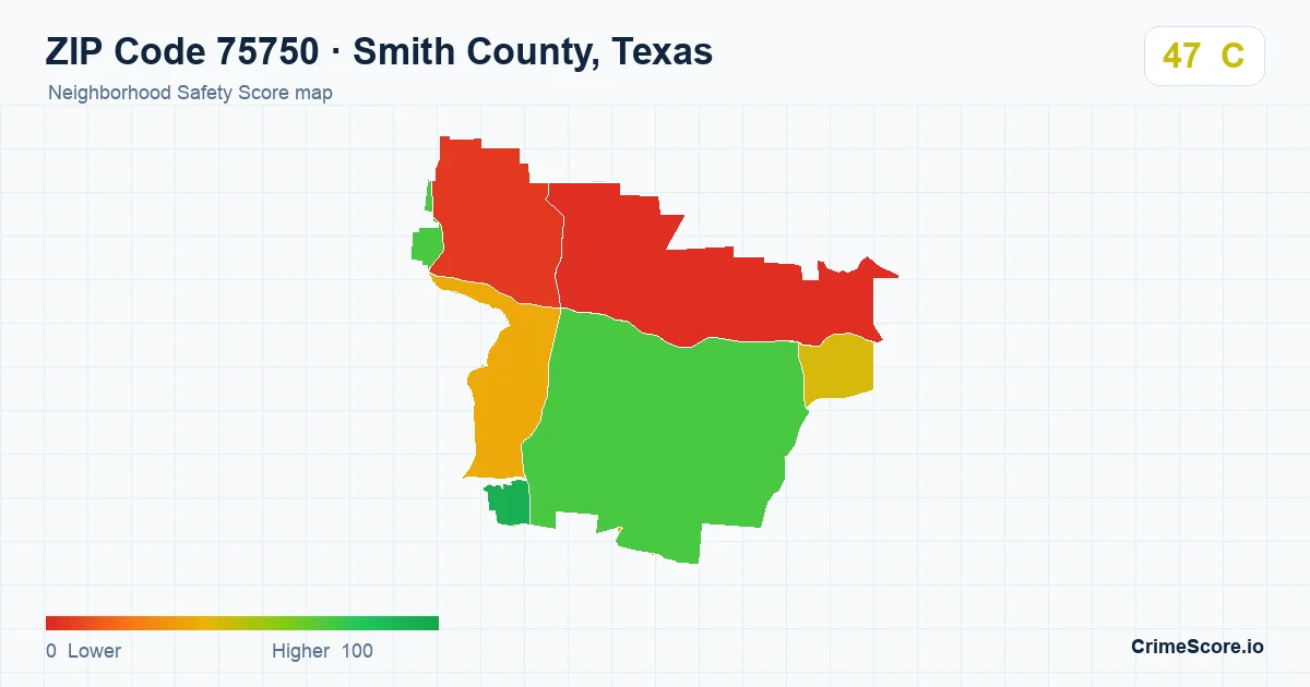 ZIP Code 75750 in Smith County, Texas neighborhood Safety Score map