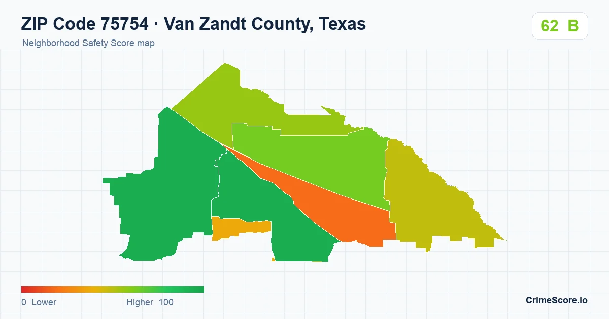 ZIP Code 75754 in Van Zandt County, Texas neighborhood Safety Score map