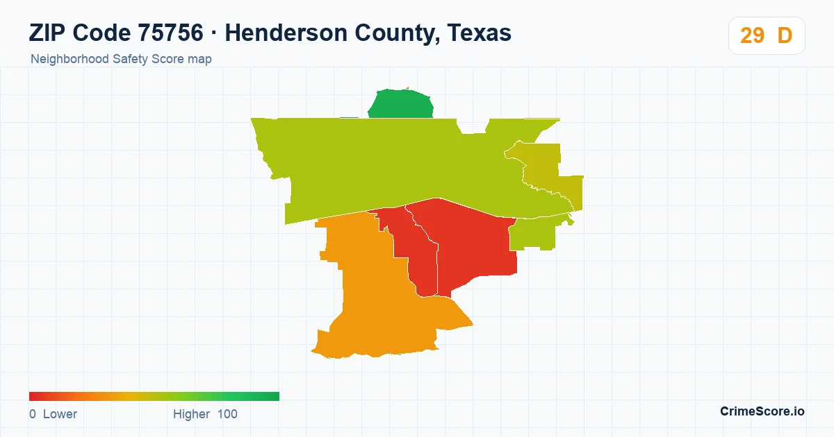 ZIP Code 75756 in Henderson County, Texas neighborhood Safety Score map