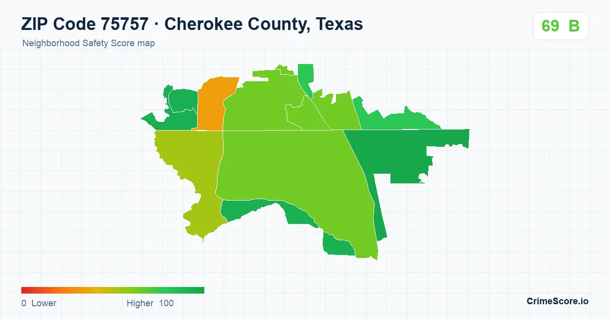 ZIP Code 75757 in Cherokee County, Texas neighborhood Safety Score map