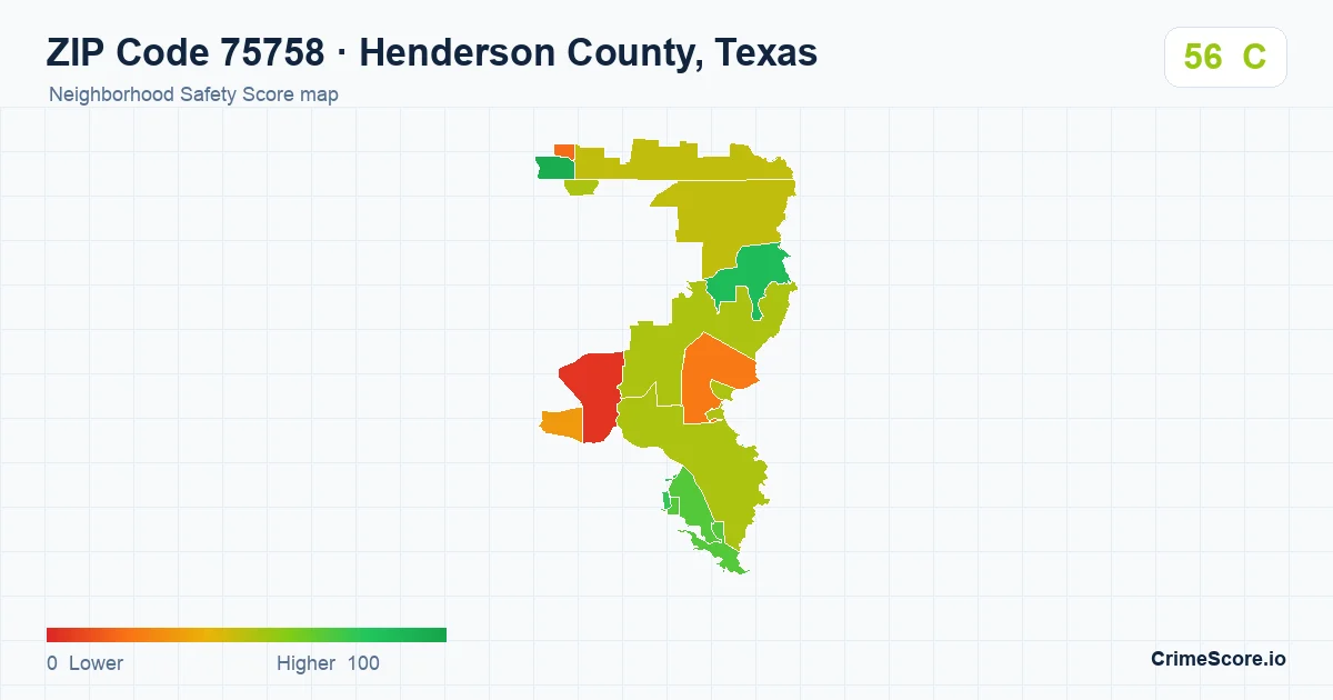 ZIP Code 75758 in Henderson County, Texas neighborhood Safety Score map