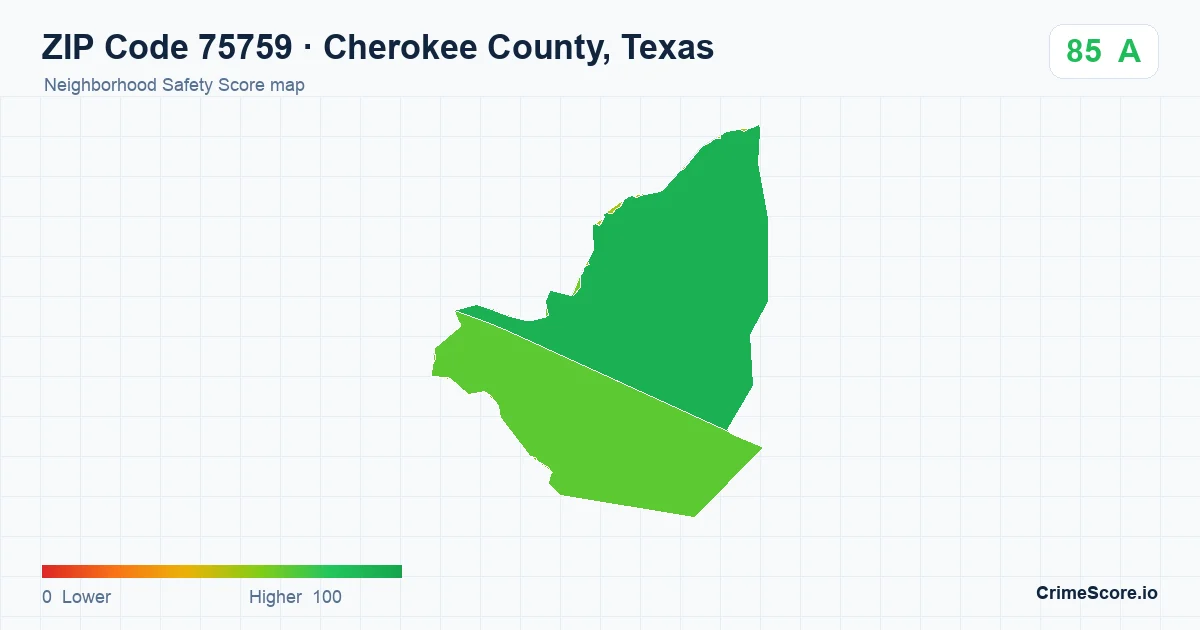 ZIP Code 75759 in Cherokee County, Texas neighborhood Safety Score map