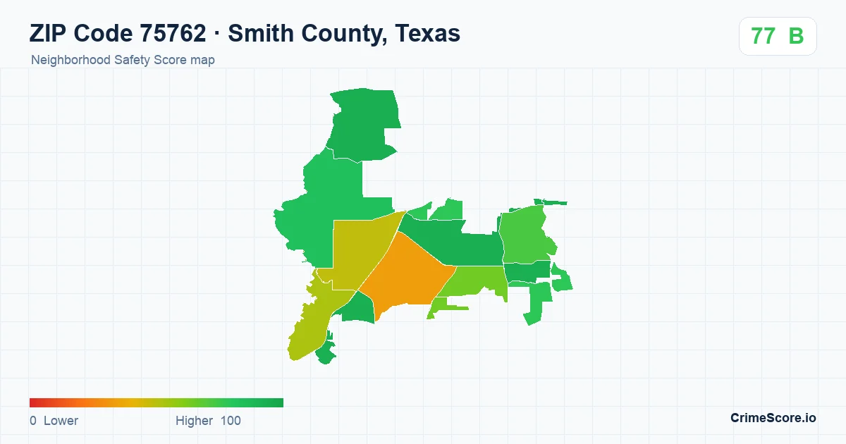 ZIP Code 75762 in Smith County, Texas neighborhood Safety Score map