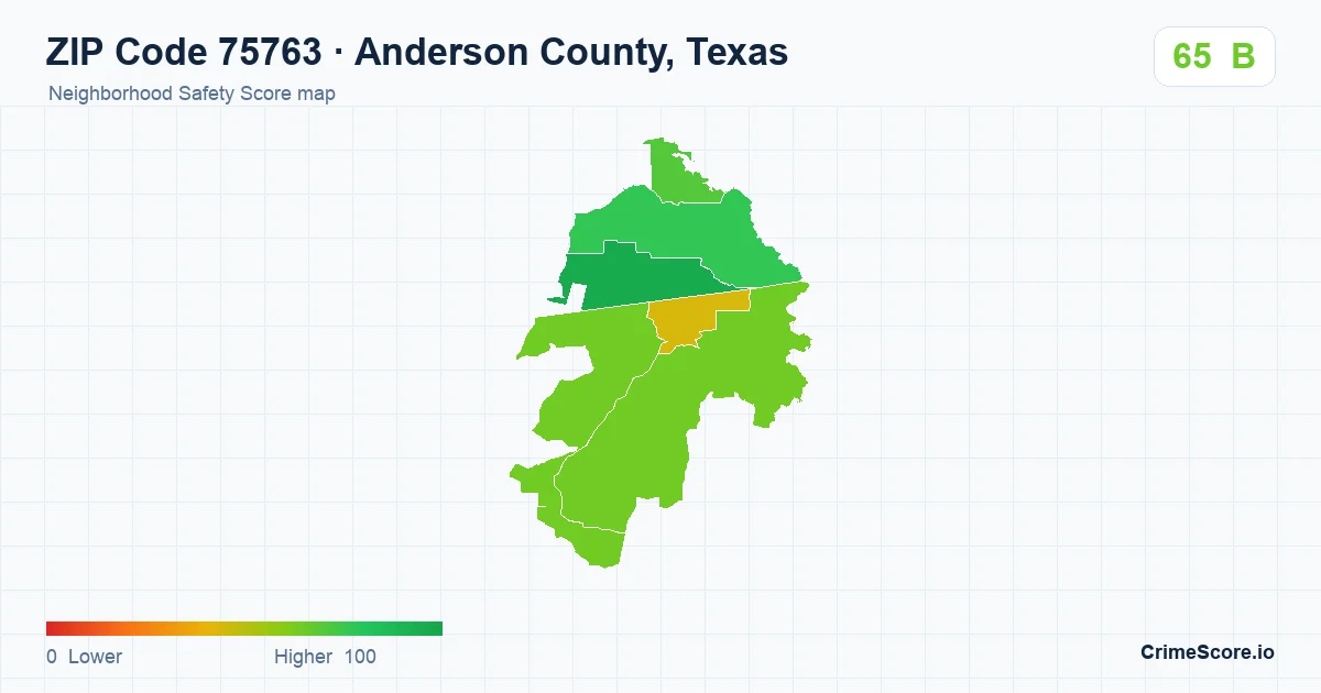 ZIP Code 75763 in Anderson County, Texas neighborhood Safety Score map