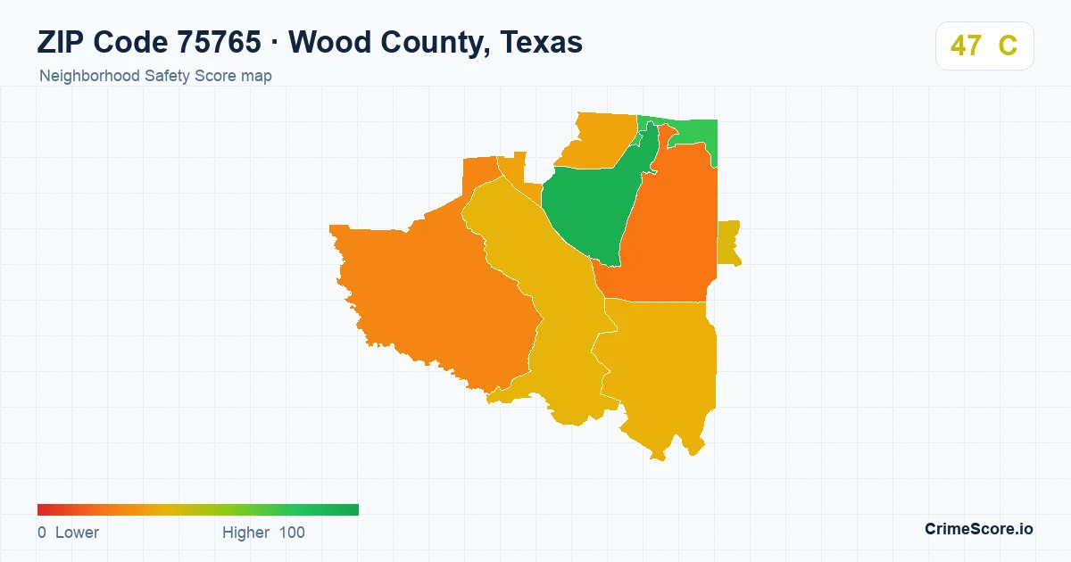 ZIP Code 75765 in Wood County, Texas neighborhood Safety Score map