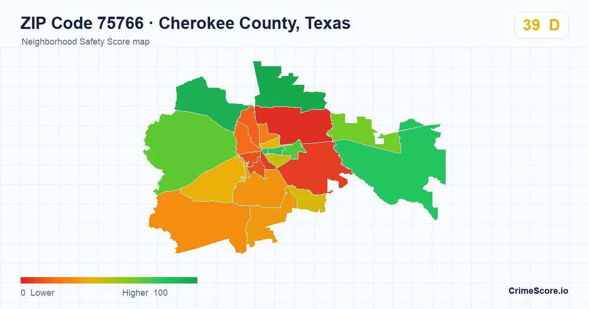 ZIP Code 75766 in Cherokee County, Texas neighborhood Safety Score map