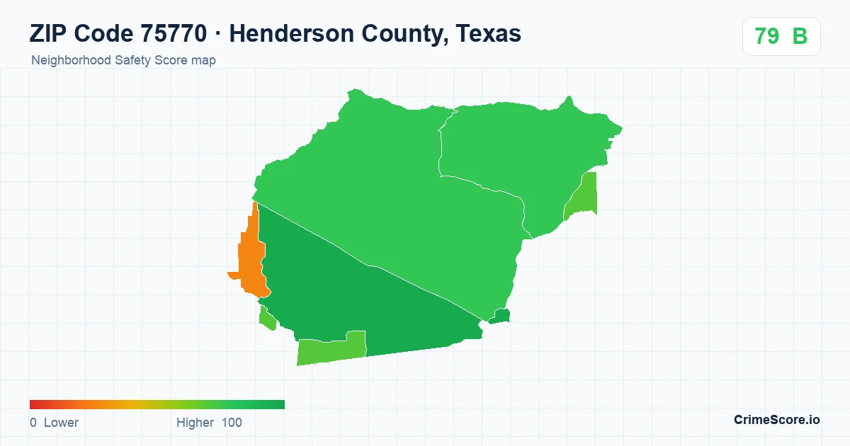 ZIP Code 75770 in Henderson County, Texas neighborhood Safety Score map