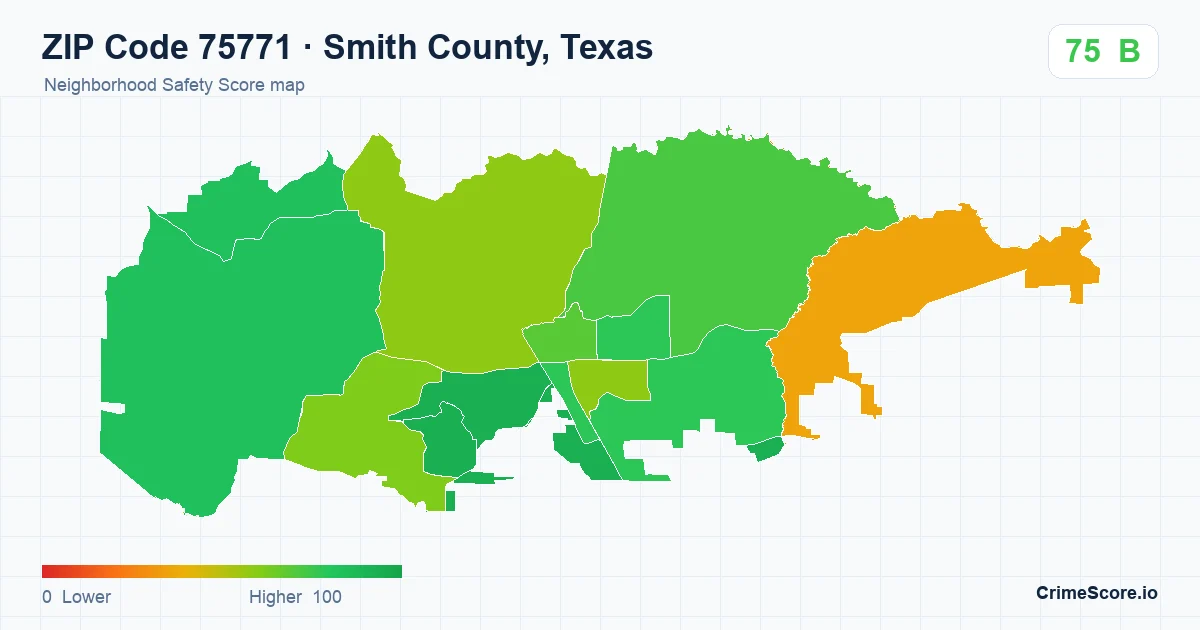 ZIP Code 75771 in Smith County, Texas neighborhood Safety Score map