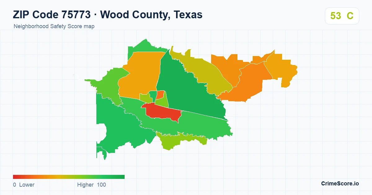 ZIP Code 75773 in Wood County, Texas neighborhood Safety Score map