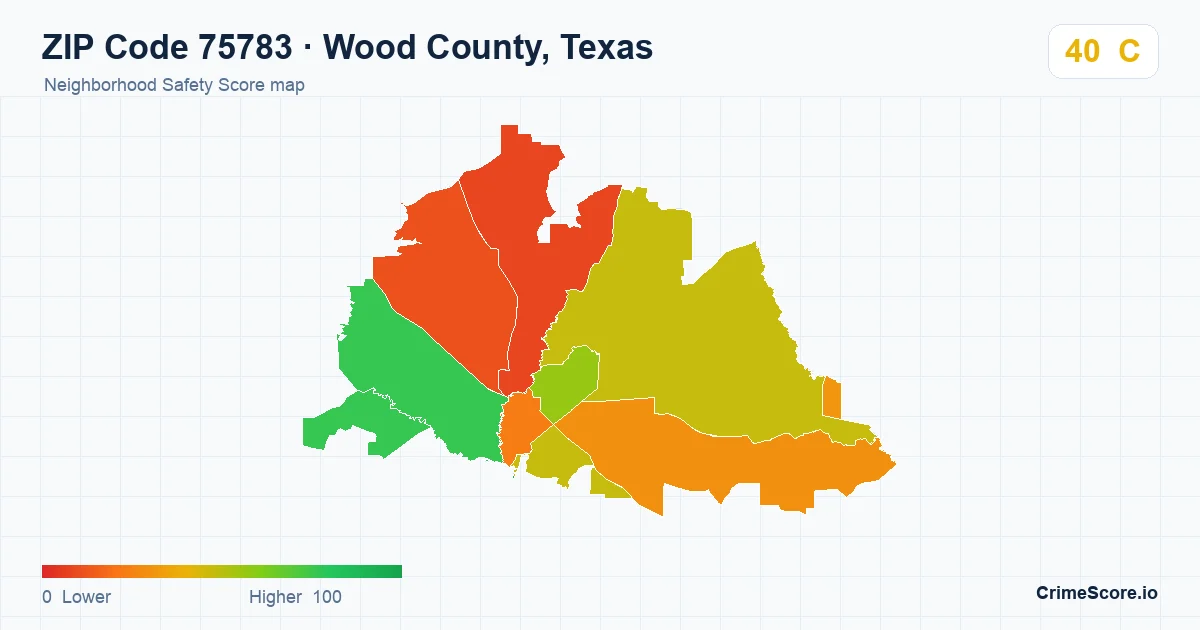 ZIP Code 75783 in Wood County, Texas neighborhood Safety Score map