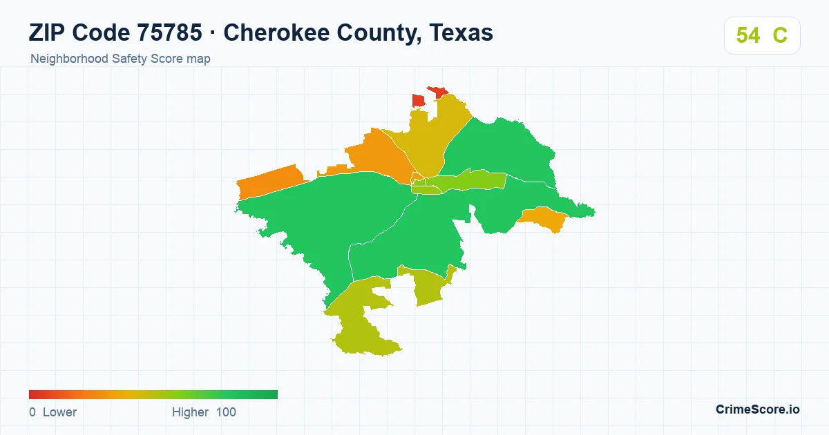 ZIP Code 75785 in Cherokee County, Texas neighborhood Safety Score map