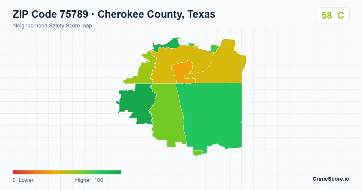 ZIP Code 75789 in Cherokee County, Texas neighborhood Safety Score map