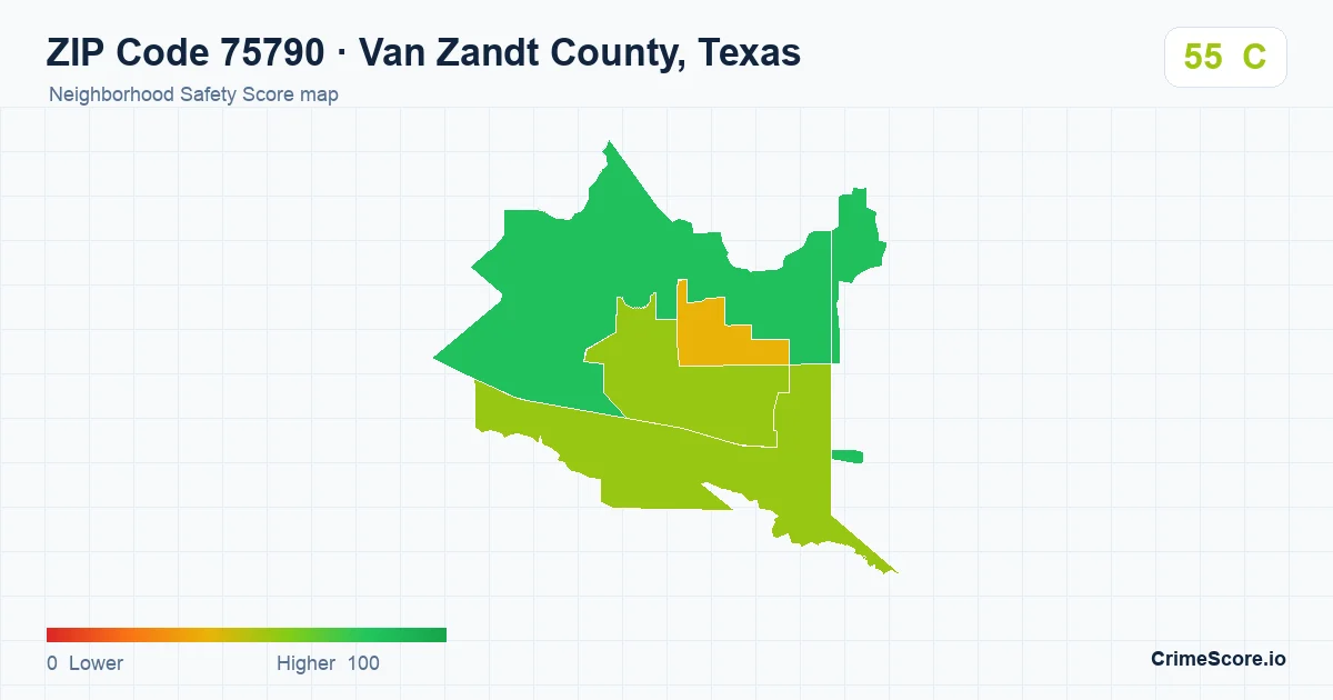 ZIP Code 75790 in Van Zandt County, Texas neighborhood Safety Score map