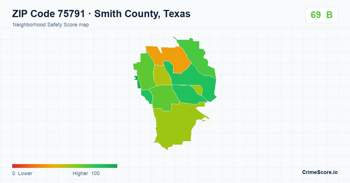 ZIP Code 75791 in Smith County, Texas neighborhood Safety Score map