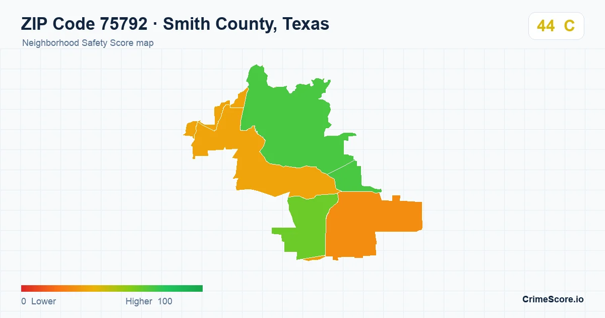 ZIP Code 75792 in Smith County, Texas neighborhood Safety Score map