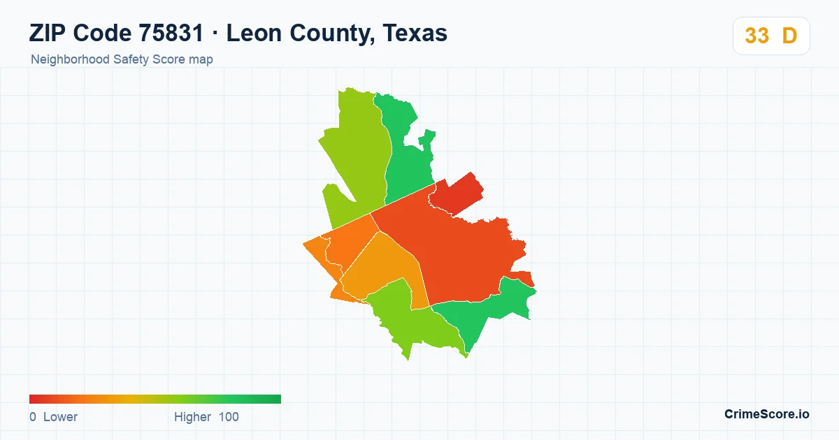 ZIP Code 75831 in Leon County, Texas neighborhood Safety Score map