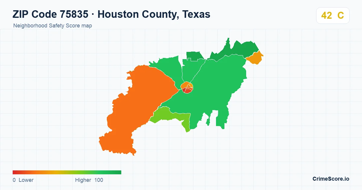 ZIP Code 75835 in Houston County, Texas neighborhood Safety Score map