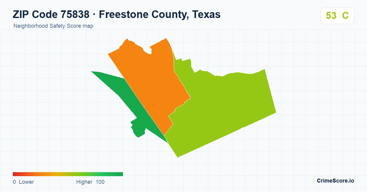 ZIP Code 75838 in Freestone County, Texas neighborhood Safety Score map