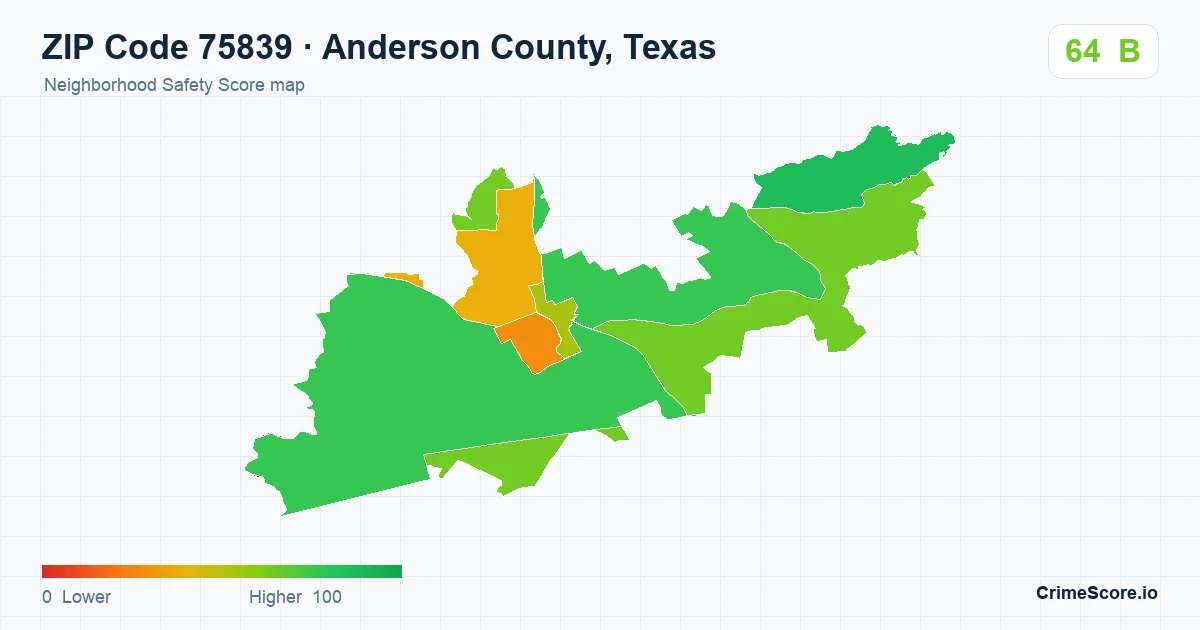 ZIP Code 75839 in Anderson County, Texas neighborhood Safety Score map