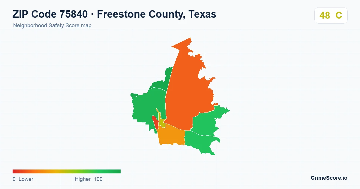 ZIP Code 75840 in Freestone County, Texas neighborhood Safety Score map