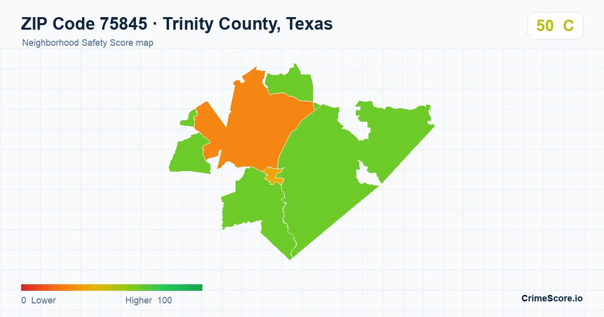 ZIP Code 75845 in Trinity County, Texas neighborhood Safety Score map