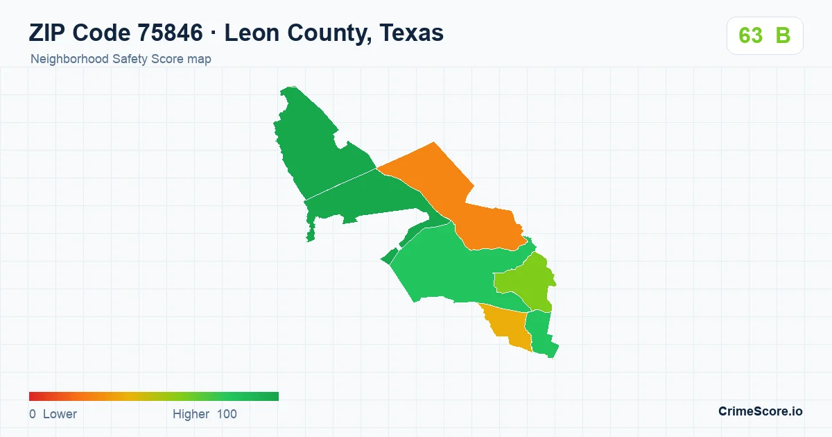 ZIP Code 75846 in Leon County, Texas neighborhood Safety Score map