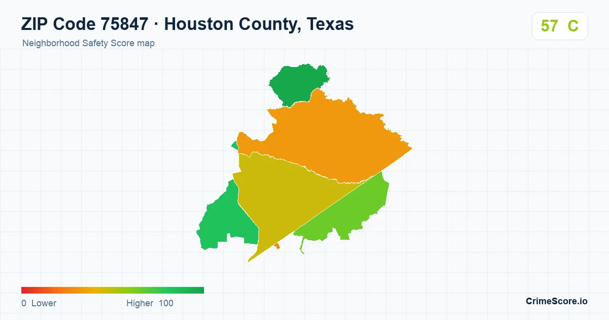 ZIP Code 75847 in Houston County, Texas neighborhood Safety Score map