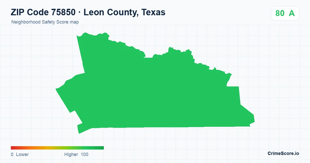ZIP Code 75850 in Leon County, Texas neighborhood Safety Score map