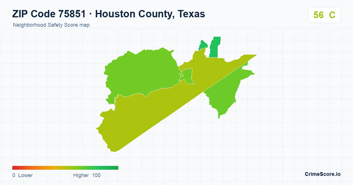 ZIP Code 75851 in Houston County, Texas neighborhood Safety Score map