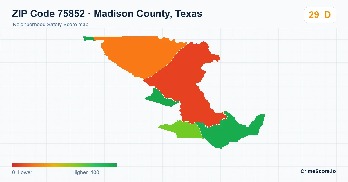 ZIP Code 75852 in Madison County, Texas neighborhood Safety Score map