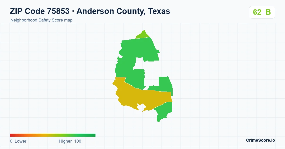 ZIP Code 75853 in Anderson County, Texas neighborhood Safety Score map