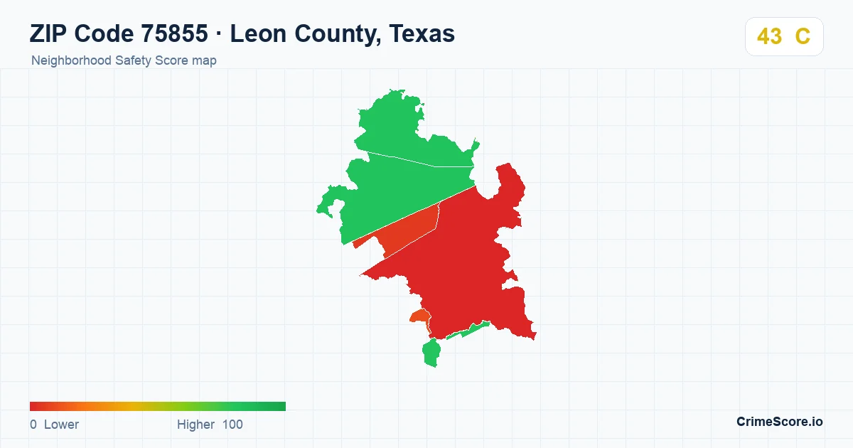ZIP Code 75855 in Leon County, Texas neighborhood Safety Score map