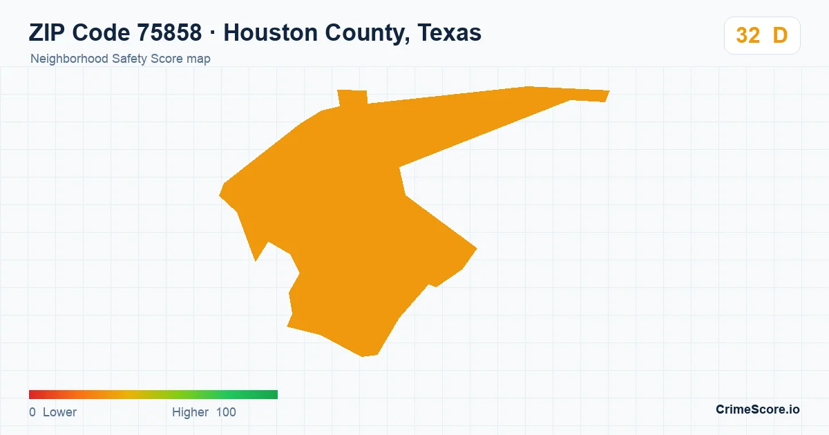 ZIP Code 75858 in Houston County, Texas neighborhood Safety Score map