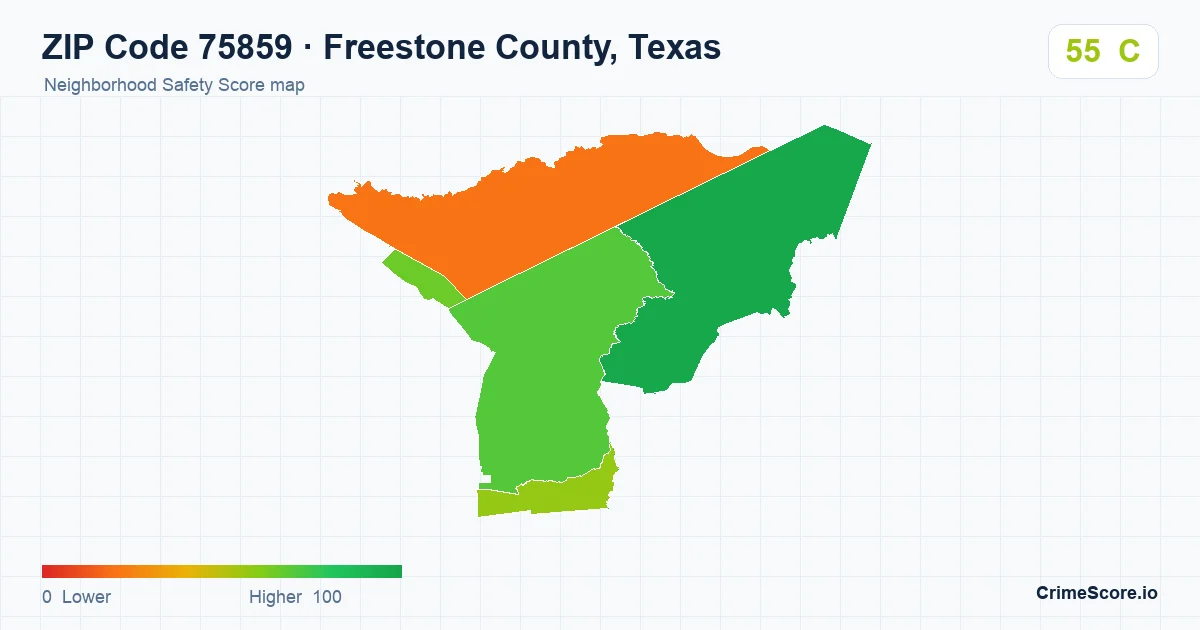 ZIP Code 75859 in Freestone County, Texas neighborhood Safety Score map