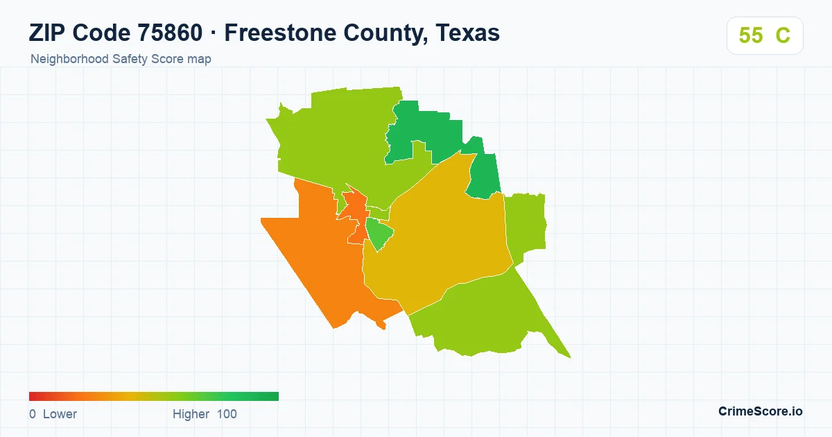 ZIP Code 75860 in Freestone County, Texas neighborhood Safety Score map