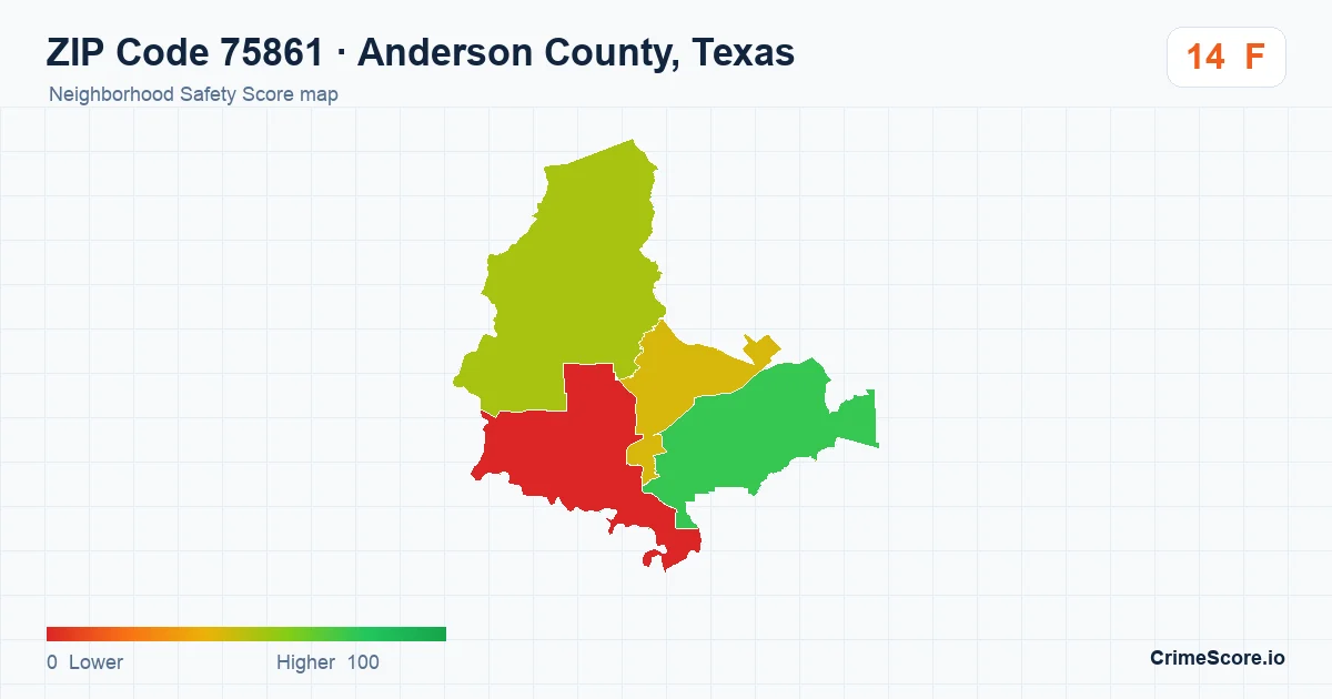 ZIP Code 75861 in Anderson County, Texas neighborhood Safety Score map