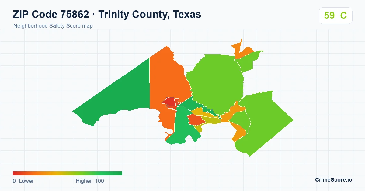 ZIP Code 75862 in Trinity County, Texas neighborhood Safety Score map