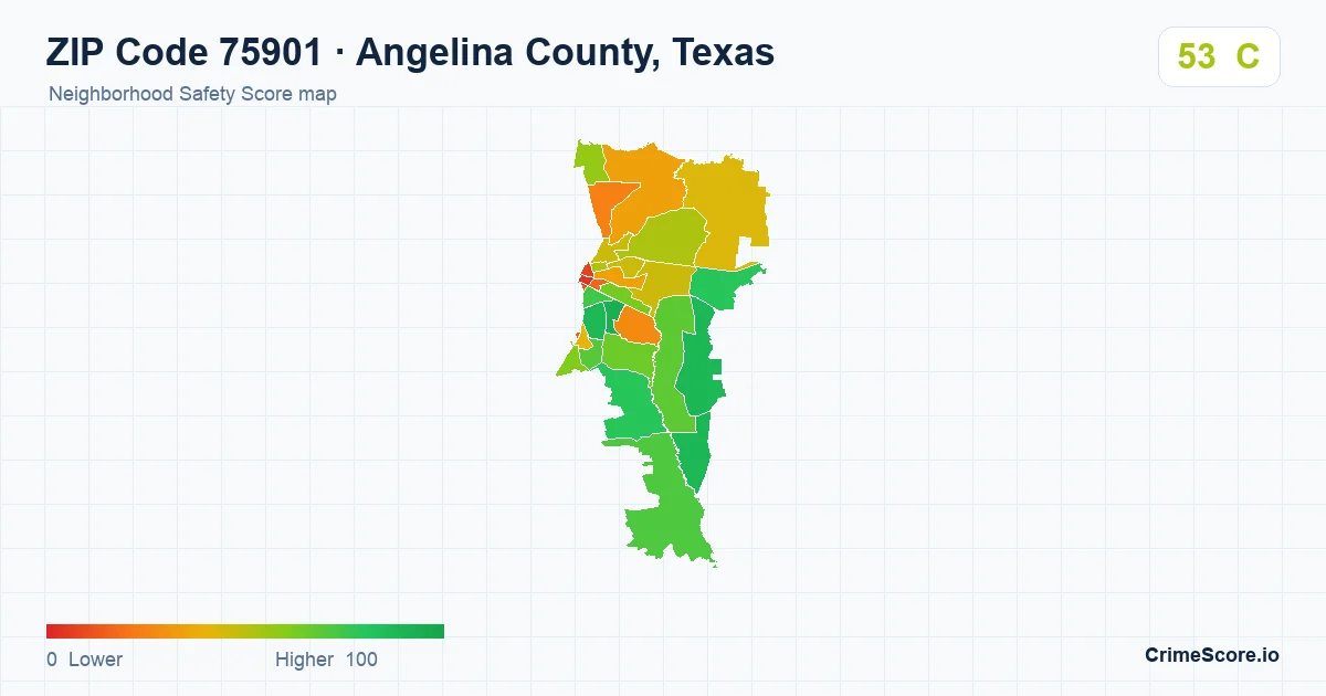 ZIP Code 75901 in Angelina County, Texas neighborhood Safety Score map