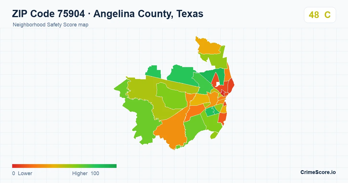 ZIP Code 75904 in Angelina County, Texas neighborhood Safety Score map