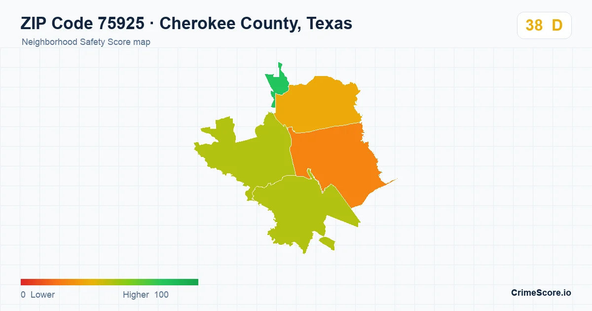ZIP Code 75925 in Cherokee County, Texas neighborhood Safety Score map