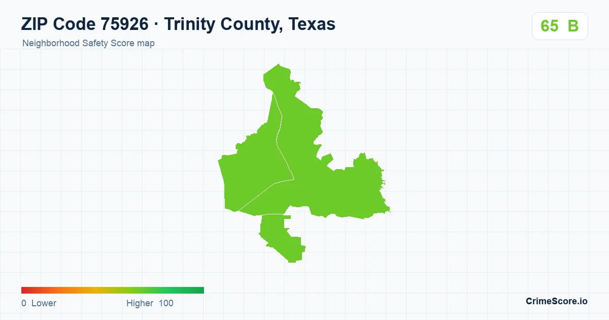 ZIP Code 75926 in Trinity County, Texas neighborhood Safety Score map