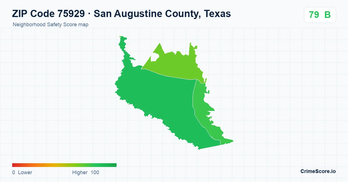 ZIP Code 75929 in San Augustine County, Texas neighborhood Safety Score map