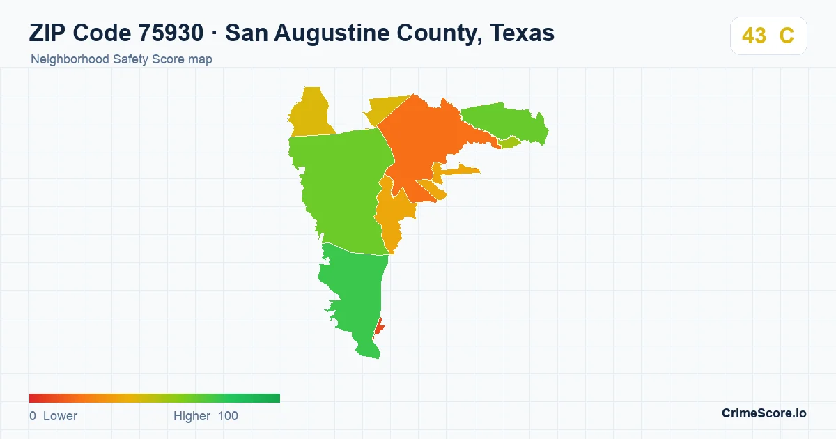 ZIP Code 75930 in San Augustine County, Texas neighborhood Safety Score map