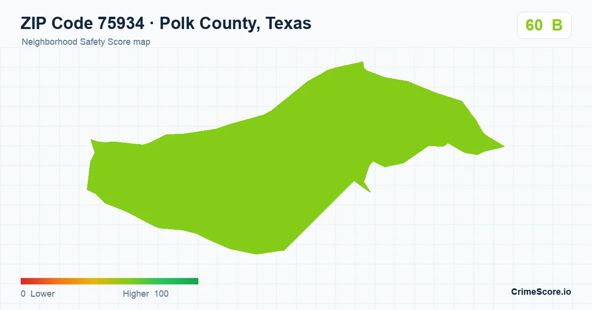 ZIP Code 75934 in Polk County, Texas neighborhood Safety Score map