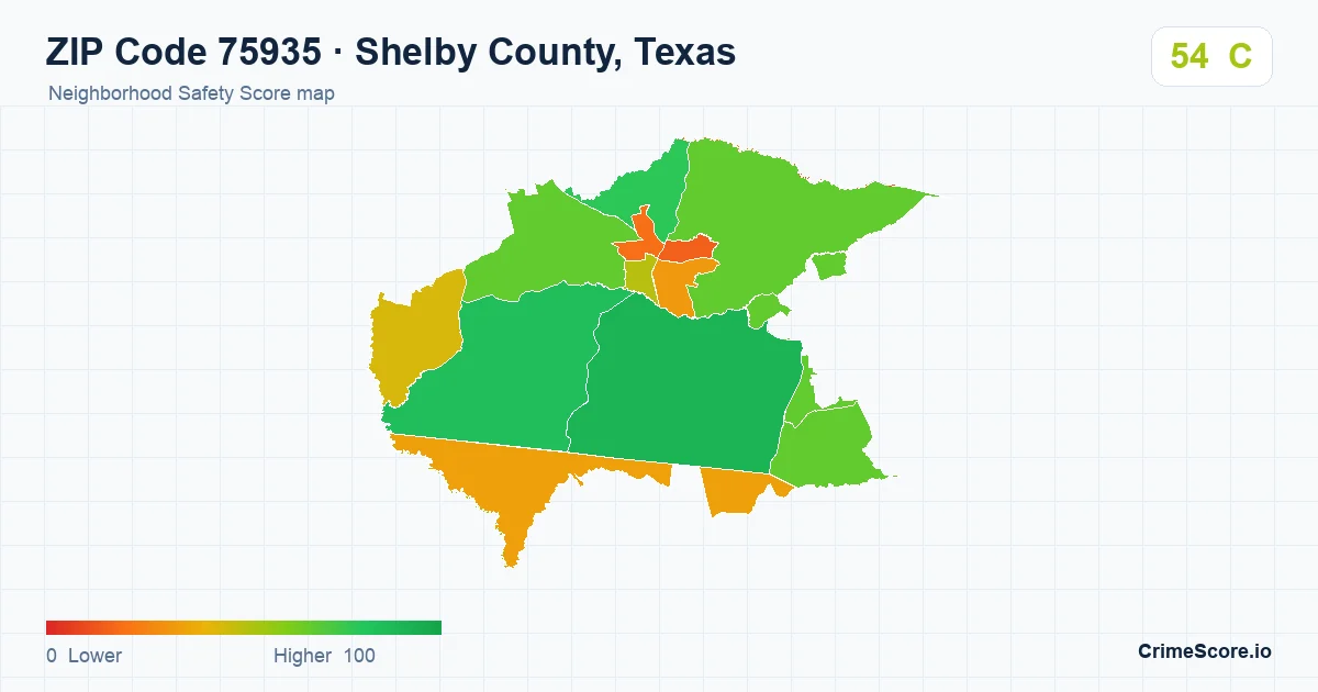 ZIP Code 75935 in Shelby County, Texas neighborhood Safety Score map
